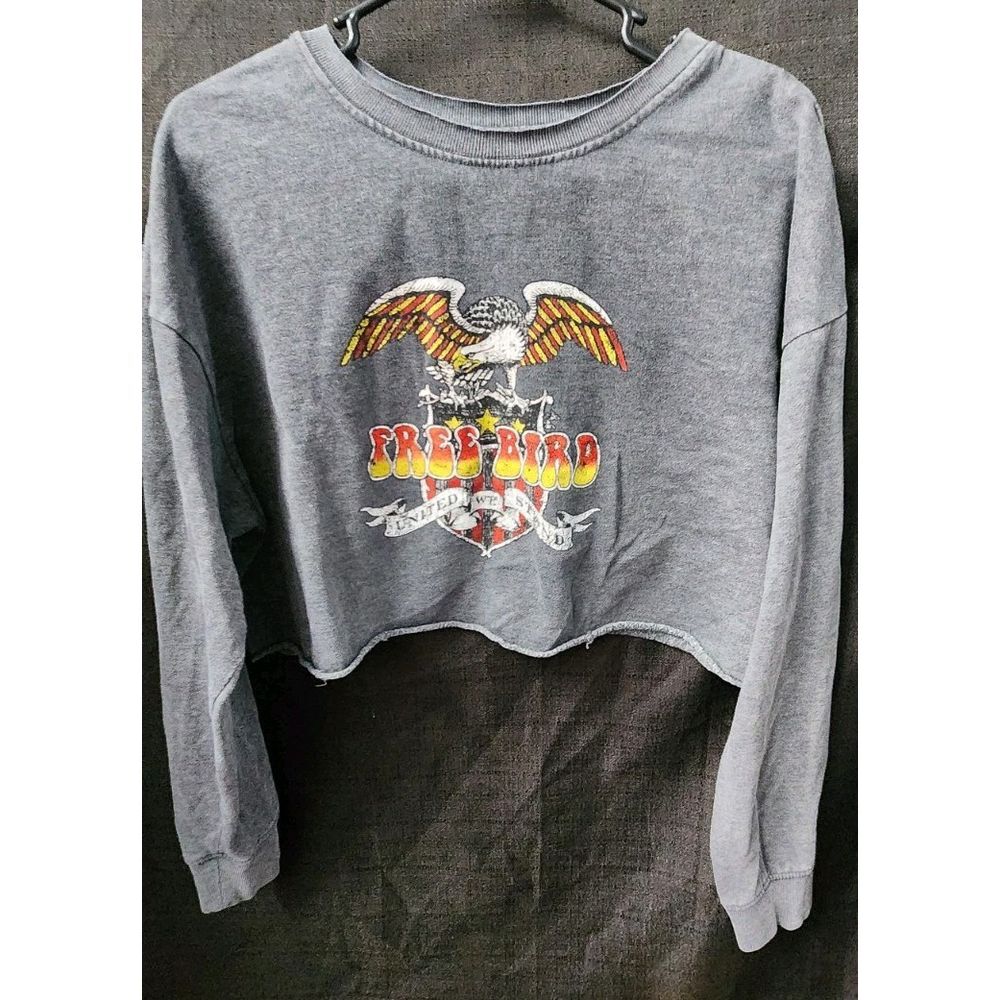 Double Zero Crop Sweatshirt Pullover L/S Free Bird Gray United We Stand Large